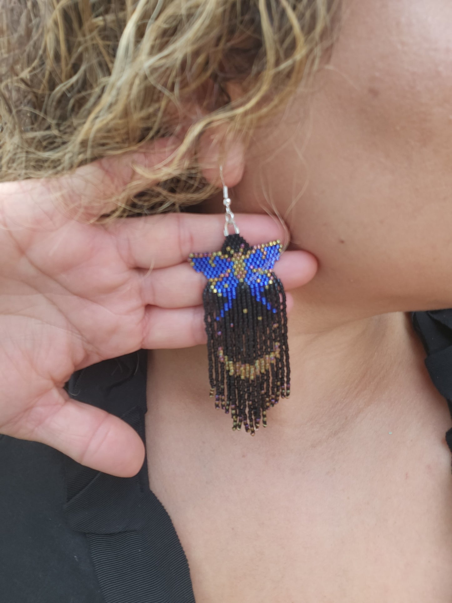 Fringe blue butterfly moon earrings