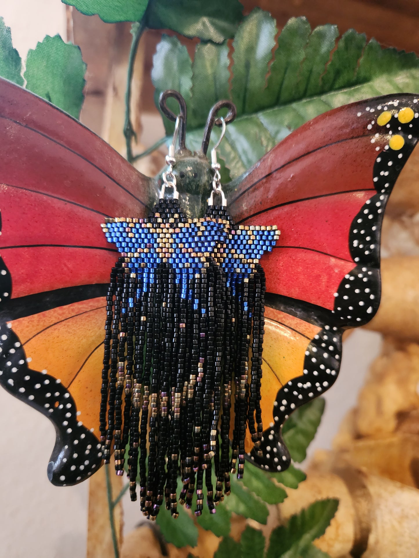 Fringe blue butterfly moon earrings