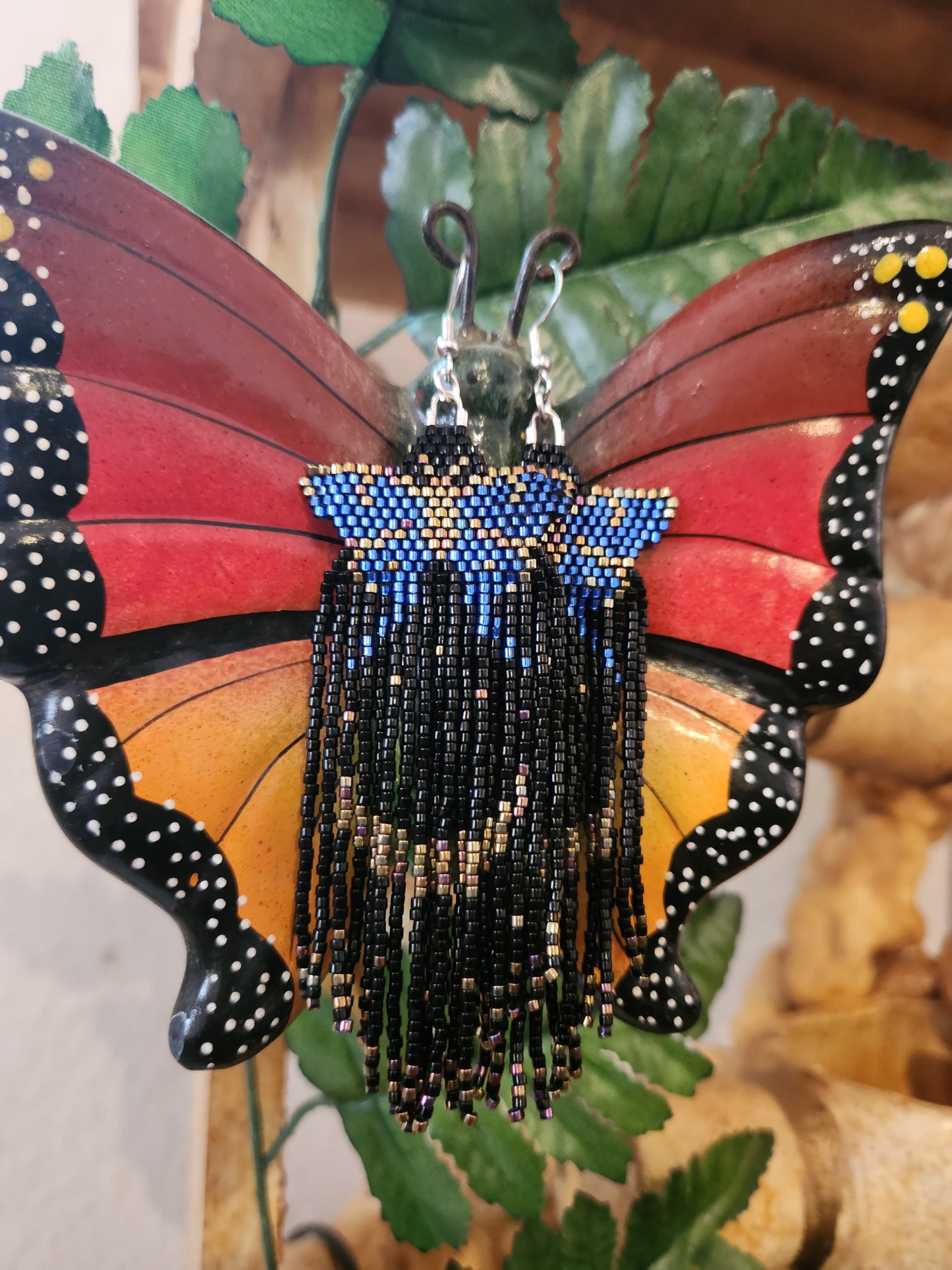 Fringe blue butterfly moon earrings
