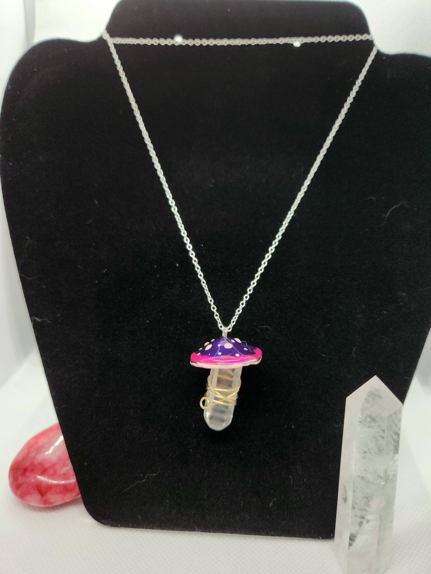 Quartz wrapped mushroom necklace