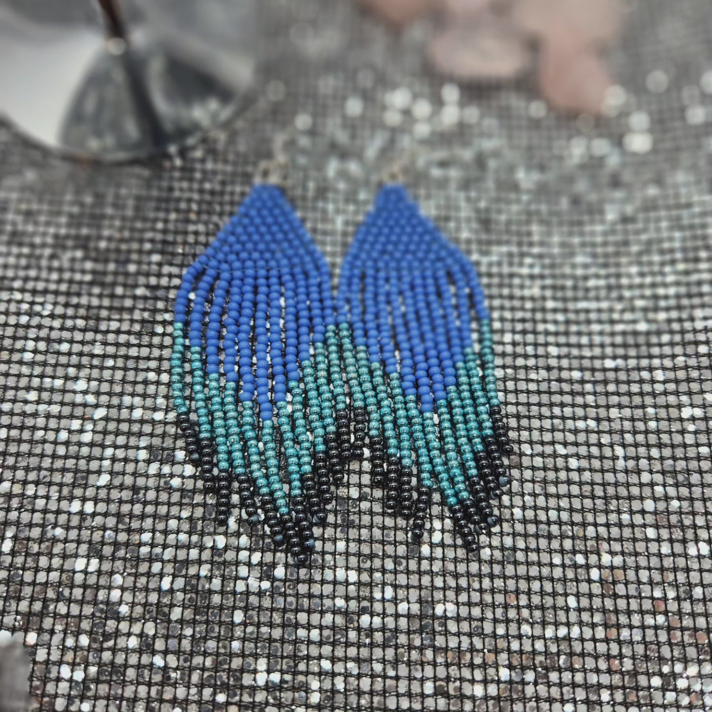 Blue beaded fringe earrings