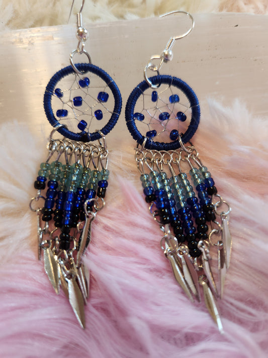 Blue beaded dream catcher earrings