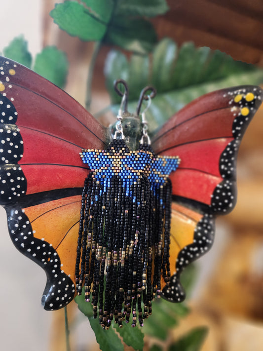 Fringe blue butterfly moon earrings