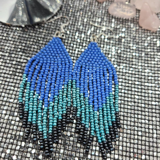 Blue beaded fringe earrings
